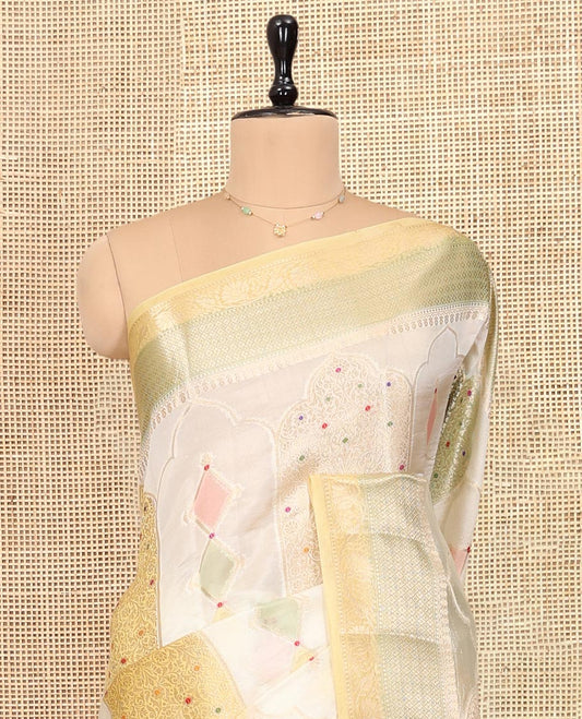 Yellow Dupion Silk Saree, Embellished with Rangkat-Style Mughal Designs, a Contrast Traditional Zari Border, Ogee Pallu, and a Contrast Blouse