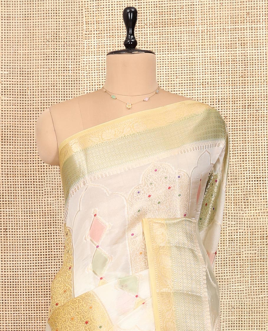 Yellow Dupion Silk Saree, Embellished with Rangkat-Style Mughal Designs, a Contrast Traditional Zari Border, Ogee Pallu, and a Contrast Blouse