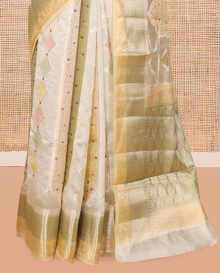 Yellow Dupion Silk Saree, Embellished with Rangkat-Style Mughal Designs, a Contrast Traditional Zari Border, Ogee Pallu, and a Contrast Blouse