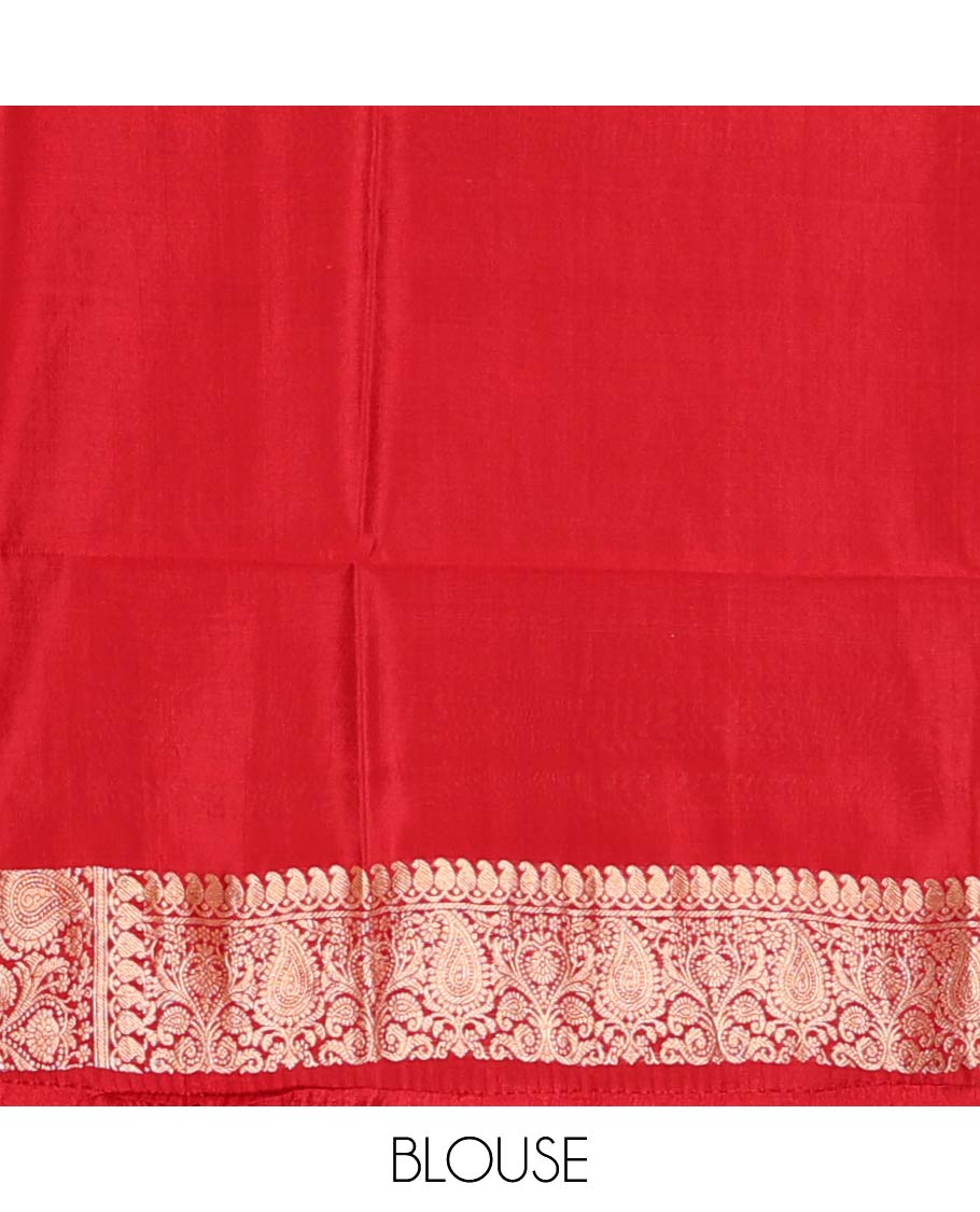 Light Sandal Raw Mango Silk Saree Beautified with Buttas, Featuring a Contrast Paisley Zari-Designed Border, a Zari-Elevated Jaal Pallu, Paired with a Contrast Blouse