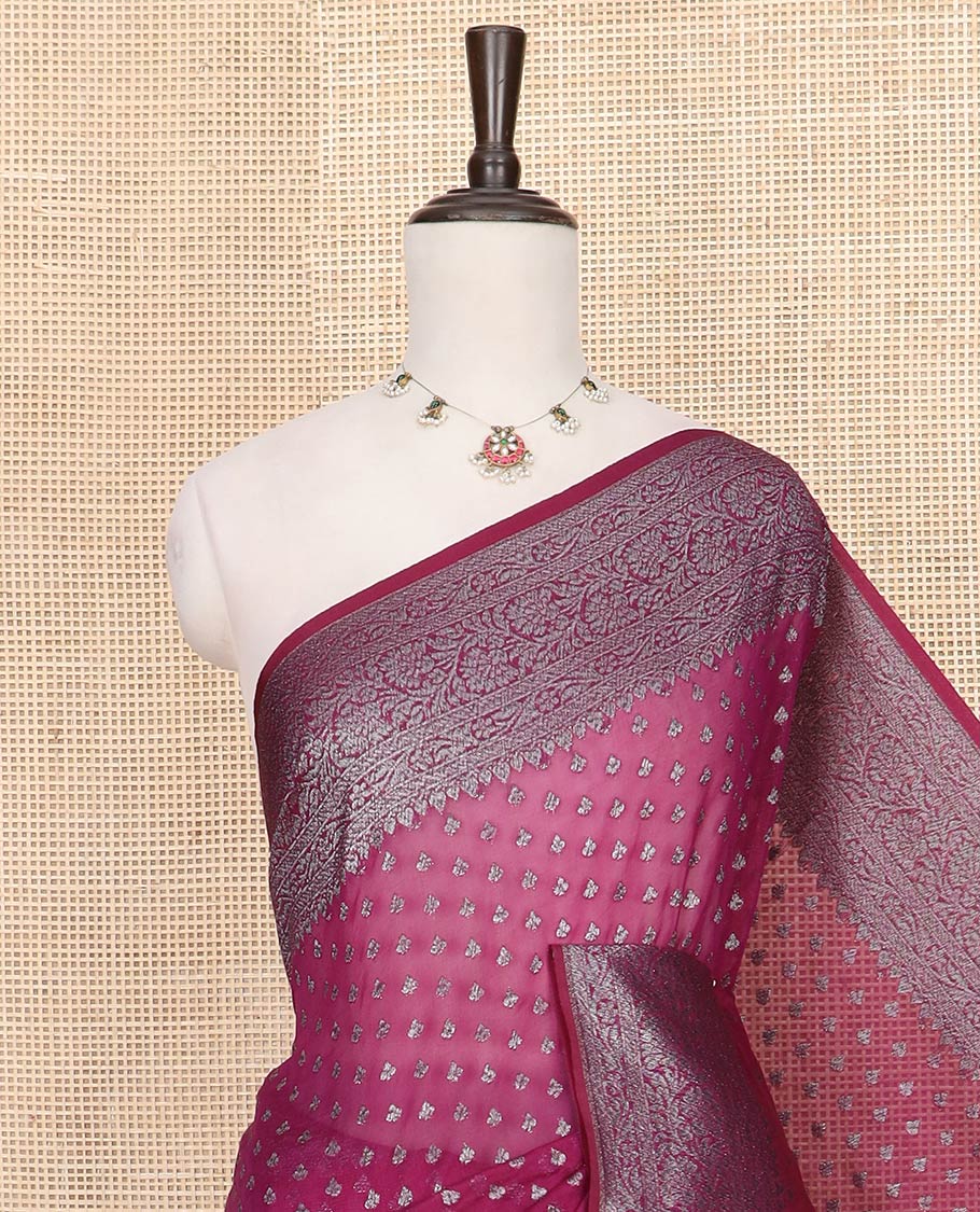Purple Fancy Georgette Saree Prettified with Zari Buttas, Highlighted by a Traditional Zari Design Border, Grandly Woven Pallu Featuring Floral Jaal Designs in Zari, and Paired with a Matching Blouse