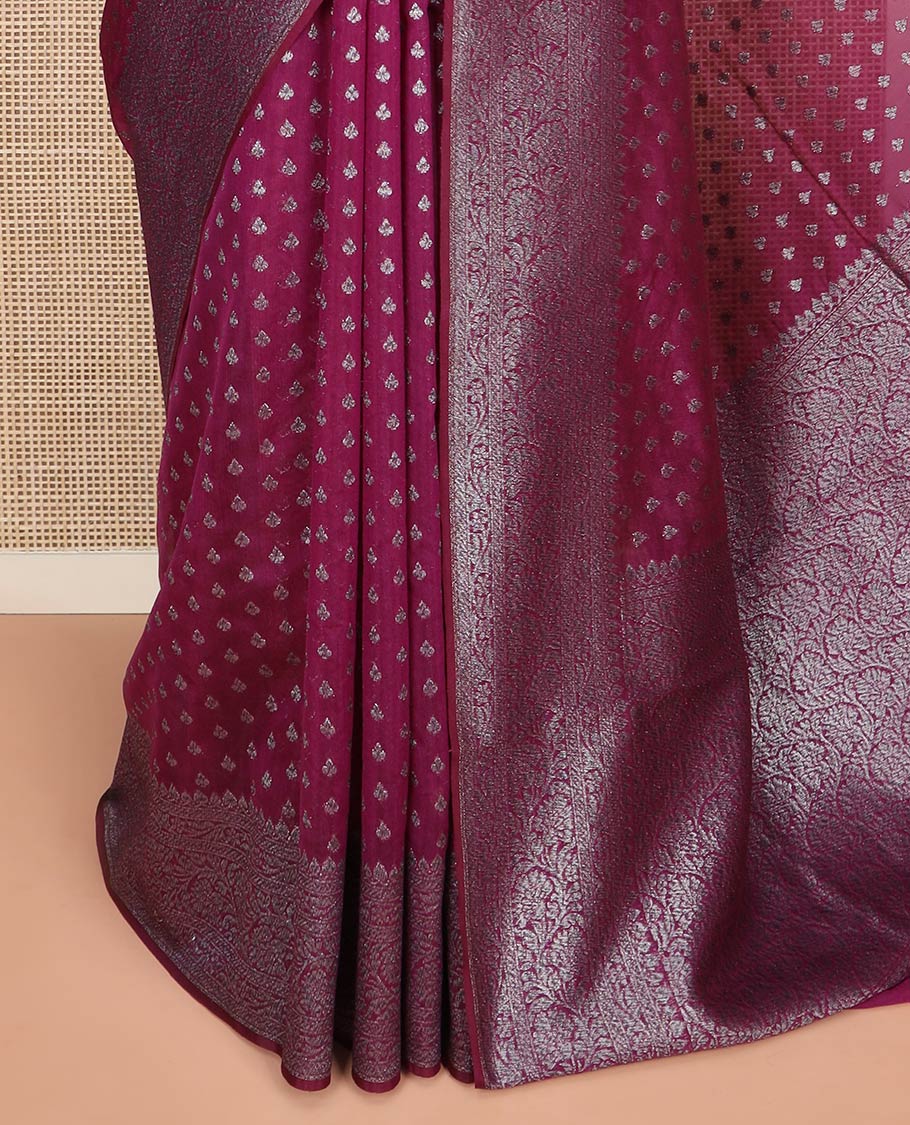 Purple Fancy Georgette Saree Prettified with Zari Buttas, Highlighted by a Traditional Zari Design Border, Grandly Woven Pallu Featuring Floral Jaal Designs in Zari, and Paired with a Matching Blouse
