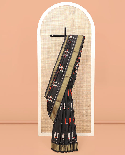 Black Pochampally Ikat Saree, Detailed with Bird Motifs, Zari Border, Triangle Motifs Pallu, and a Matching Blouse