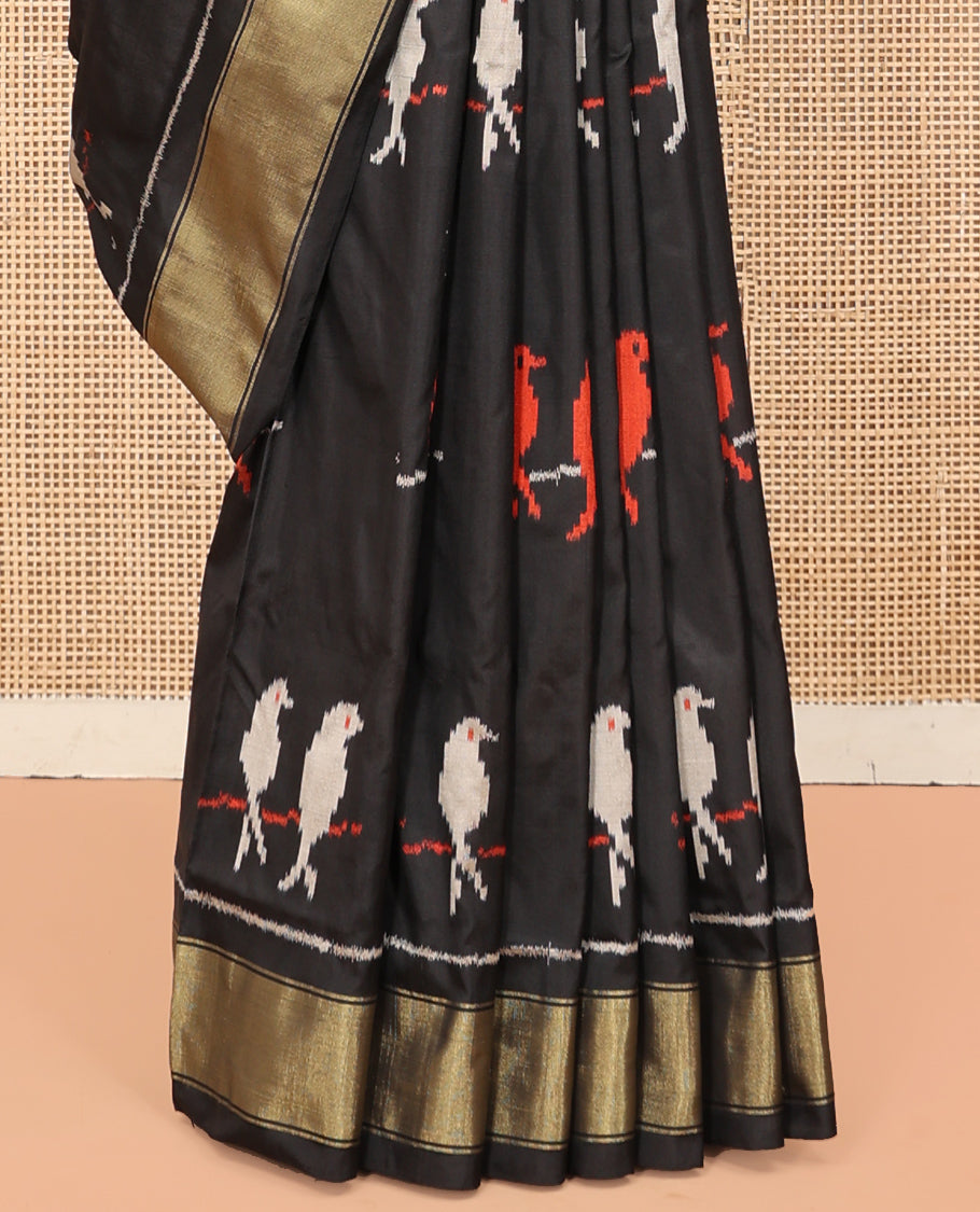 Black Pochampally Ikat Saree, Detailed with Bird Motifs, Zari Border, Triangle Motifs Pallu, and a Matching Blouse