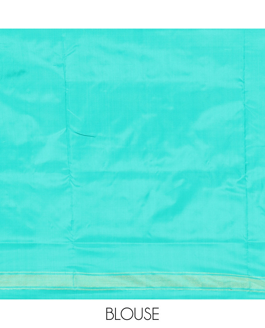Green Ikkat Silk Saree Beautified with Human Figurines, Complemented by a Contrast Border, Hazily Woven Pallu of Geometric Patterns, and a Contrast Blouse