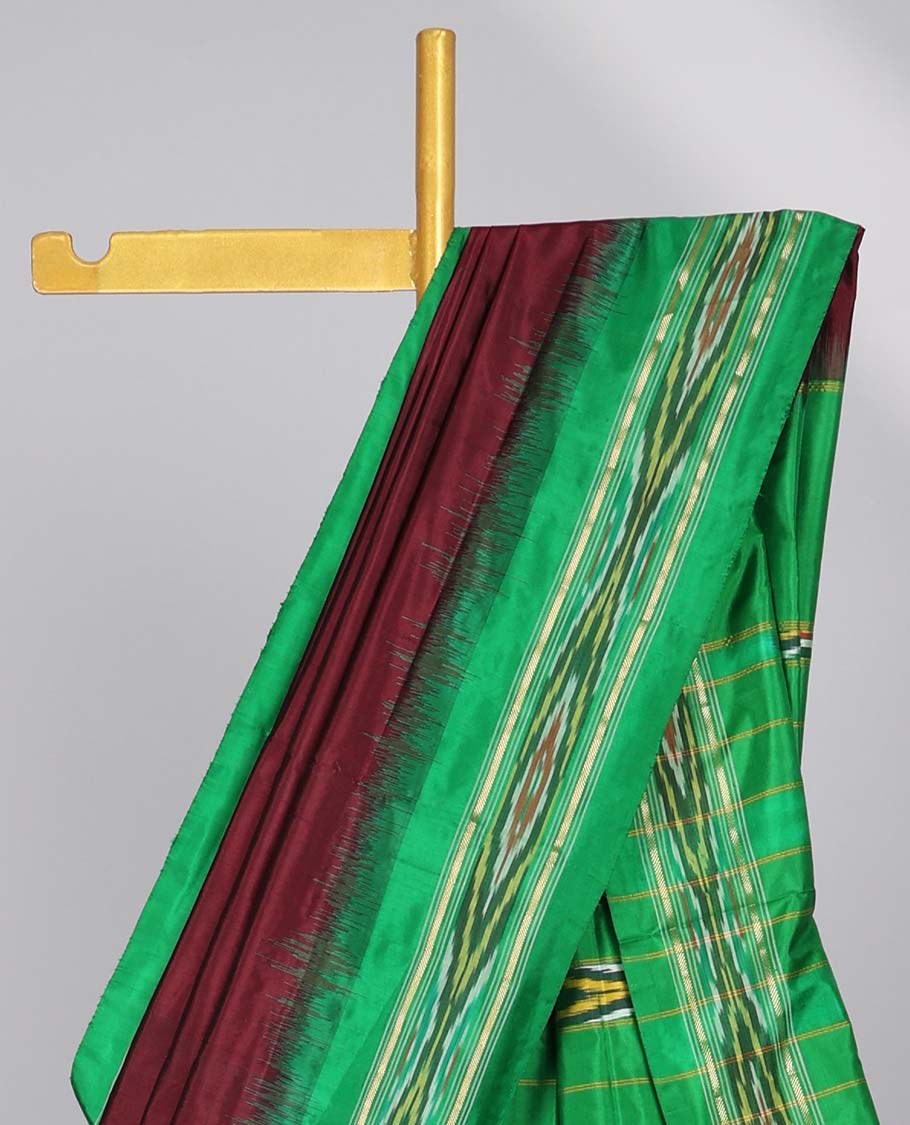 Maroon ikkat silk saree with contrast striped border & striped design pallu