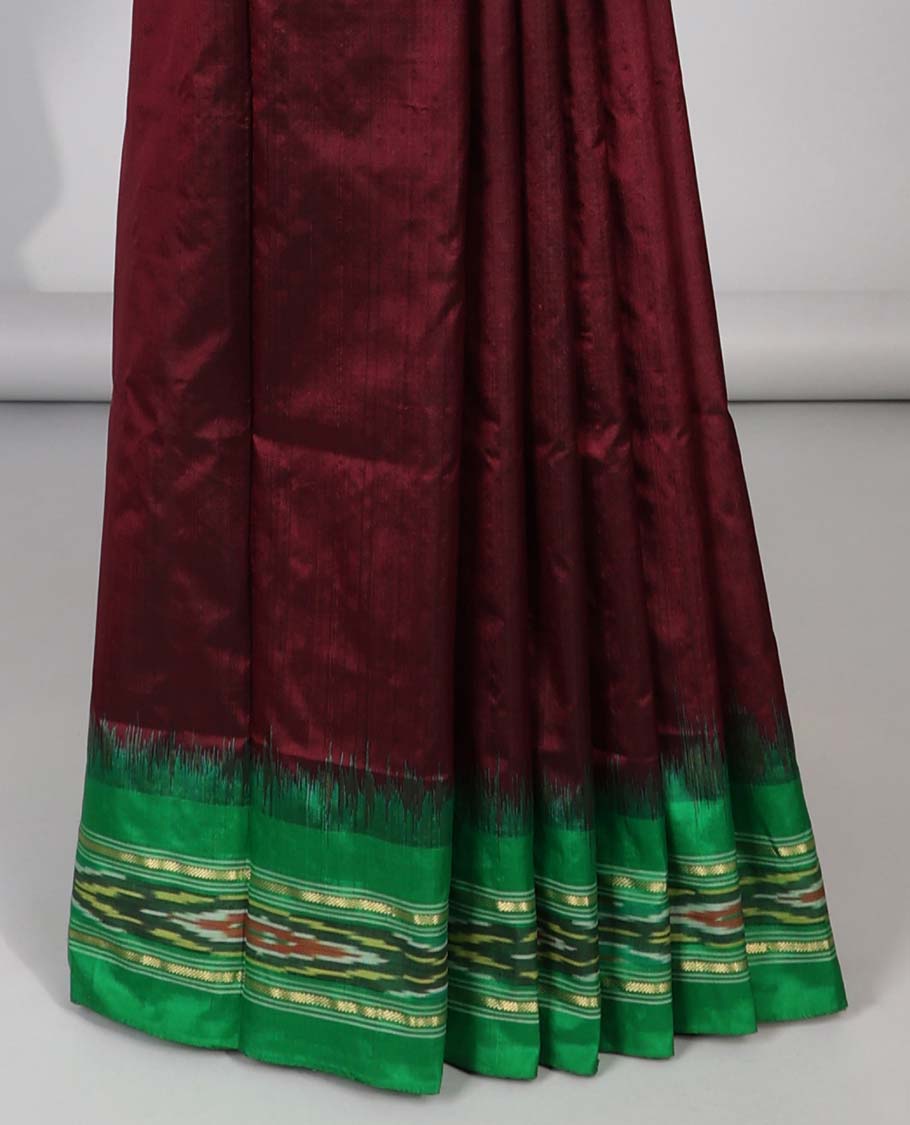 Maroon ikkat silk saree with contrast striped border & striped design pallu