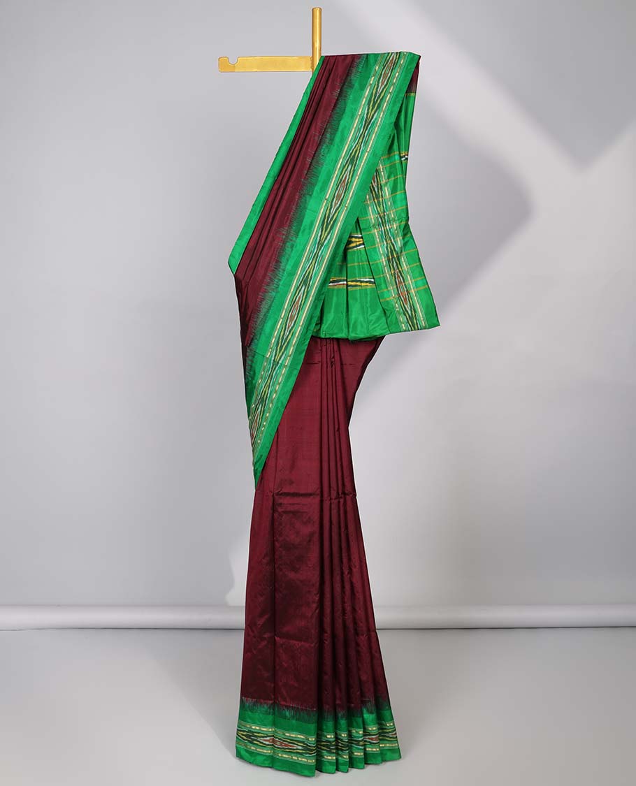 Maroon ikkat silk saree with contrast striped border & striped design pallu