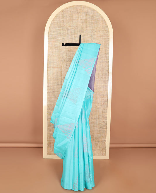 Light blue floral design kancheepuram silk sareee with geometric design pallu