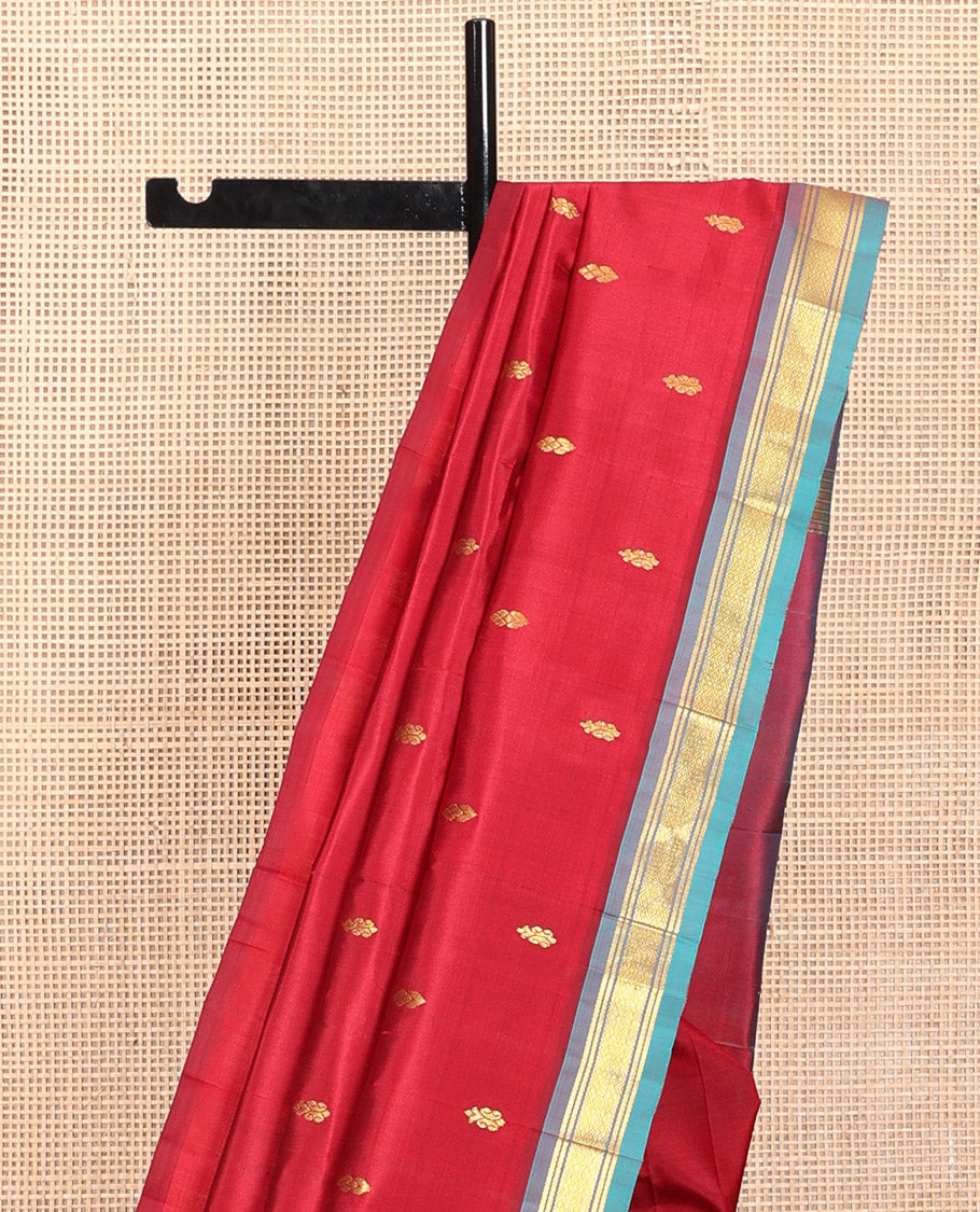 Red Kanchipuram Silk Saree, Woven with Zari Buttas, a Contrast One-Sided Border of Jaal Designs, a Zari-Design Pallu, and No Blouse