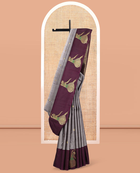 Grey Kanchipuram Silk Saree, Adorned with Zari Buttas, Complemented by a Contrast Bharatanatyam Dancer Figurines Woven Border, Jaal Pallu, and Contrast Blouse