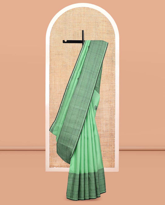Pista Green Kanchipuram Silk Saree, Woven with Thread Buttas, a Self-Border of Manga, Ara Maadam, Kathir, Mayil Kann, Jaal Pallu, and a Matching Blouse