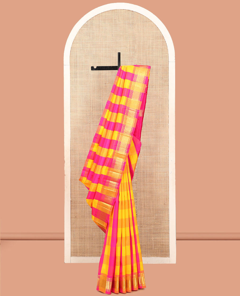 Multi-Color Checked Kanchipuram Silk Saree, a One-Sided Zari Border of Paneer Sombu, Banaras, Muthu, and Mayil Kann Designs, Zari Design Pallu, and No Blouse