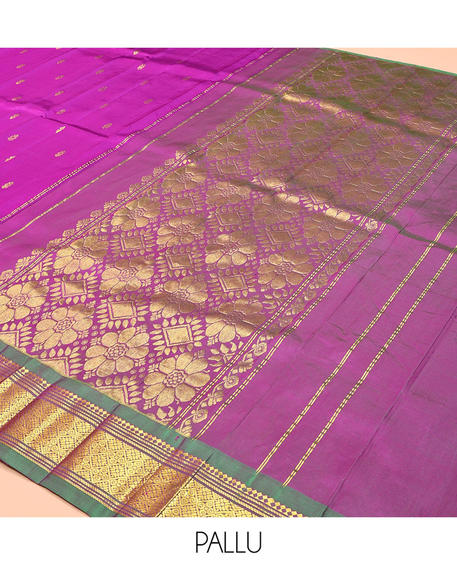 Pink Kanchipuram Silk Saree, Decorated with Zari Buttas, Complemented by a Contrast Zari One-Sided Border of Panner Sombu, Banaras, Muthu, and Jaal Designs, Zari Design Pallu, and No Blouse