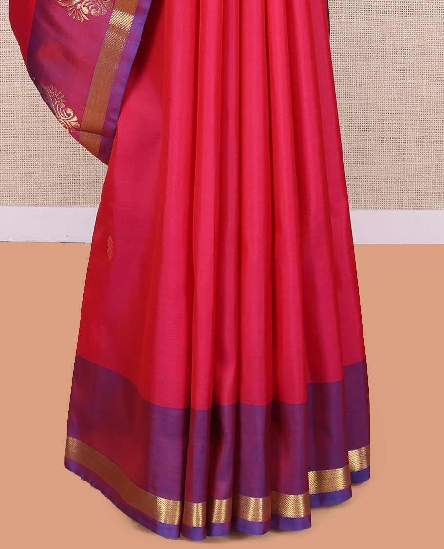 Pink Kanchipuram Silk Saree, Adorned with Buttas, Complemented by a Contrast Zari Striped Border, Pallu of Zari Design, and Contrast Blouse