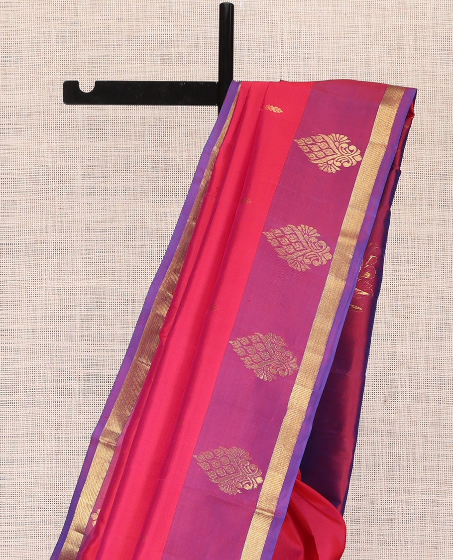 Pink Kanchipuram Silk Saree, Adorned with Buttas, Complemented by a Contrast Zari Striped Border, Pallu of Zari Design, and Contrast Blouse