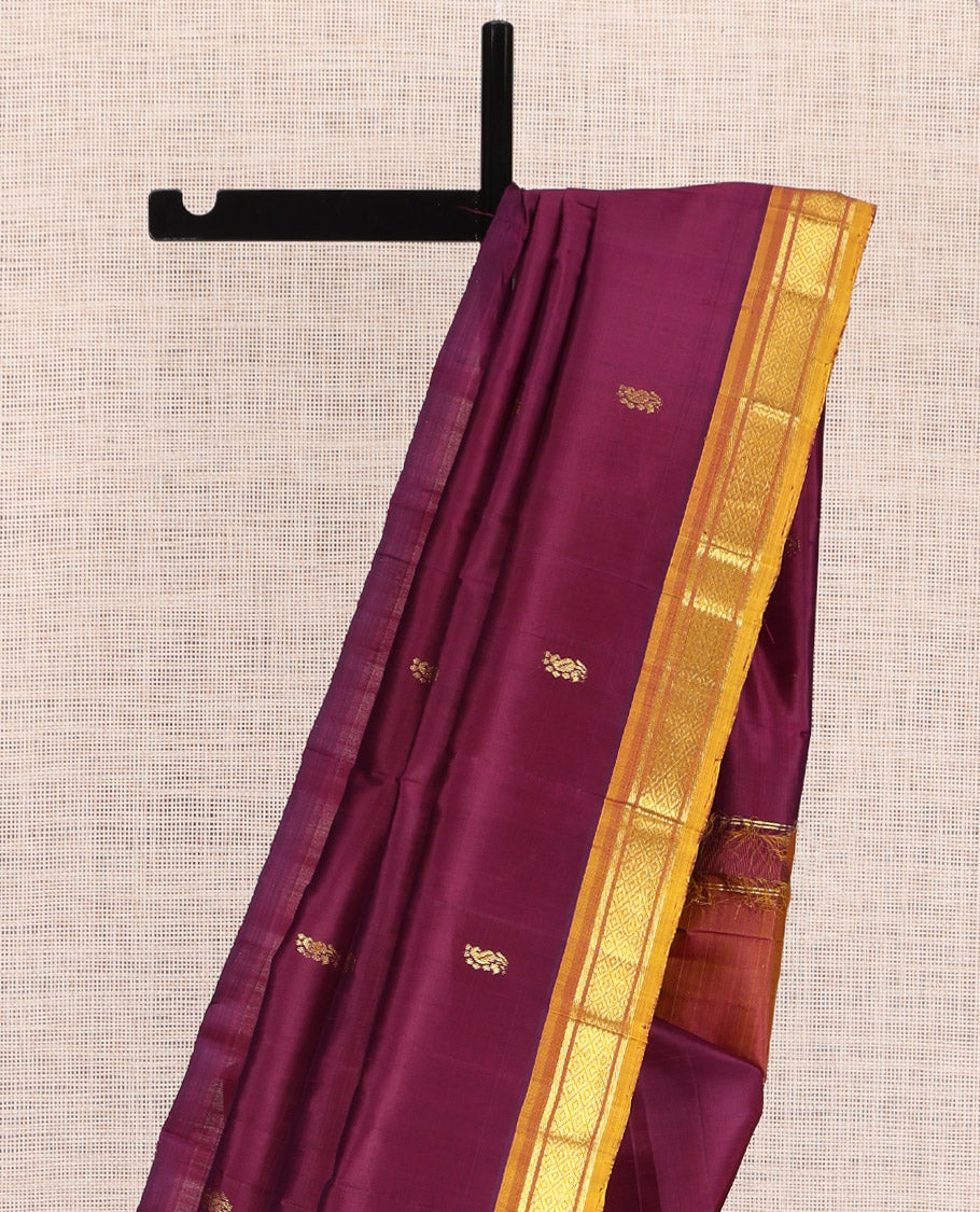 Maroon Kanchipuram Silk Saree, Woven with Zari Buttas, a Contrast One-sided Border of Banaras, and Mayil Kann Design, Zari Woven Pallu, and No Blouse