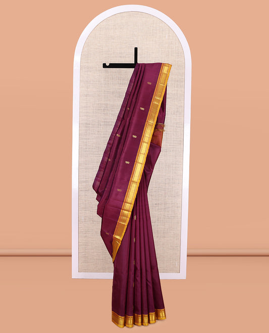 Maroon Kanchipuram Silk Saree, Woven with Zari Buttas, a Contrast One-sided Border of Banaras, and Mayil Kann Design, Zari Woven Pallu, and No Blouse