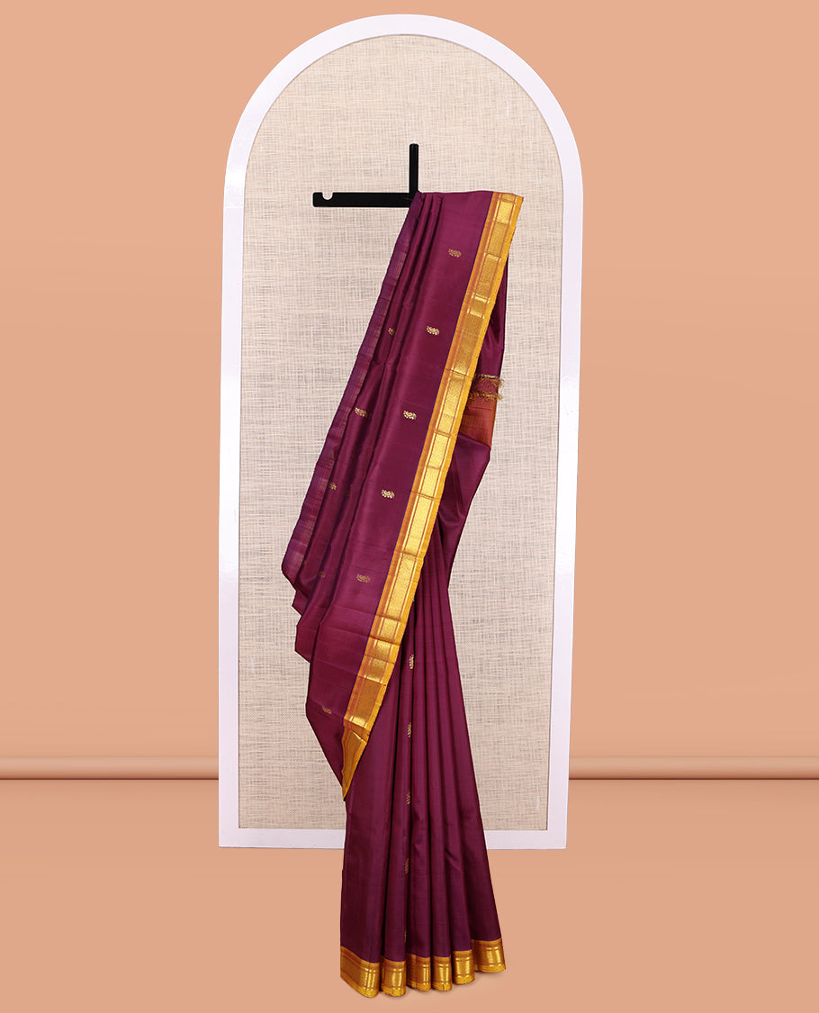 Maroon Kanchipuram Silk Saree, Woven with Zari Buttas, a Contrast One-sided Border of Banaras, and Mayil Kann Design, Zari Woven Pallu, and No Blouse