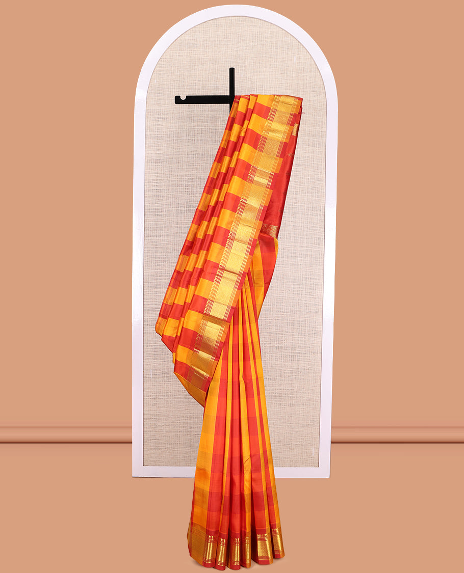 Red-Orange Kanchipuram Silk Saree, Graced with Checks,  a Zari One-Sided Border of Panneer Sombu, Banaras, Muthu, and Mayil Kann Design, Zari Design Pallu, and No Blouse