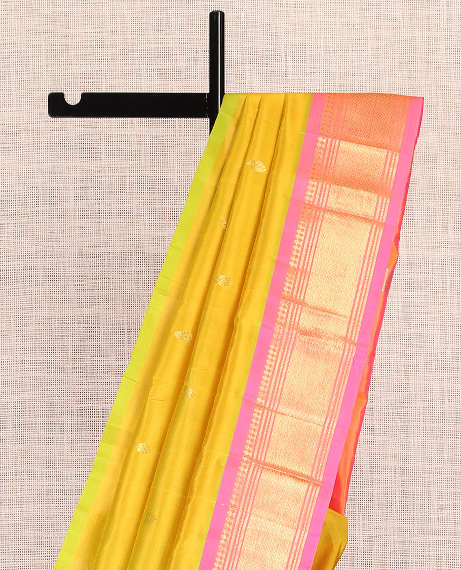 Green Kanchipuram Silk Saree, Sparsely Woven with Zari Buttas, a Contrast One-Sided Border of Panner Sombu, Banaras, Muthu, and Mayil Kann Designs, Zari Design Pallu, and No Blouse