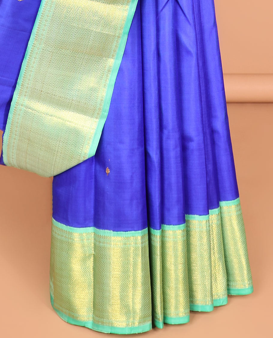 Blue buttas kancheepuram silk saree with contrast korvai intricate zari design & striped zari design pallu