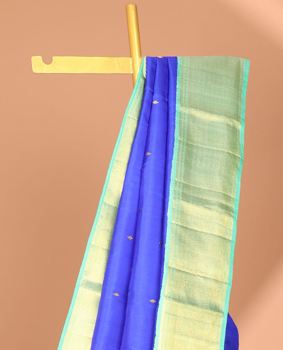 Blue buttas kancheepuram silk saree with contrast korvai intricate zari design & striped zari design pallu