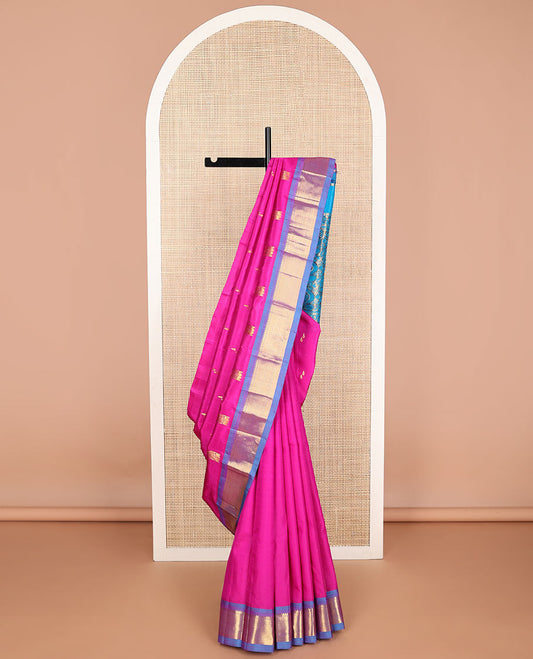 Pink floral buttas kancheepuram silk saree with contrast border of intricate zari design & floral zari design pallu