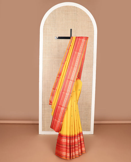 Mustard floral buttas kancheepuram silk saree with contrast thread border of rekku, paun, mayil, banaras design & zari design pallu