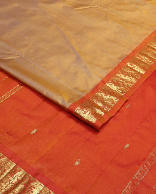 Brown buttas kancheepuram silk saree with contrast border yanaai design & striped, floral motifs pallu