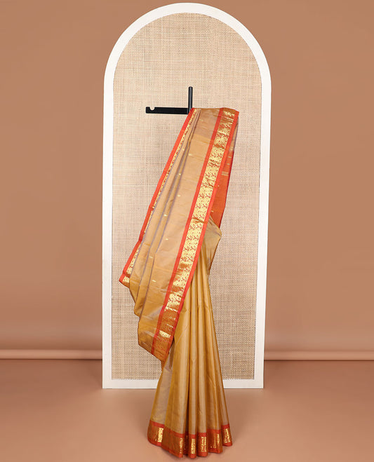Brown buttas kancheepuram silk saree with contrast border yanaai design & striped, floral motifs pallu