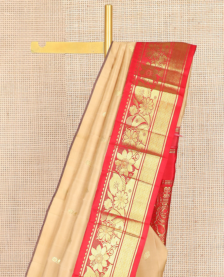 Sandal zari buttas Kanchipuram silk saree, contrast one-sided korvai border of rekku,banaras & mayil kann & floral-paisley pallu