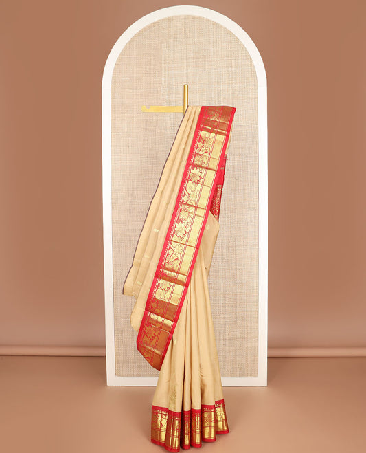 Sandal zari buttas Kanchipuram silk saree, contrast one-sided korvai border of rekku,banaras & mayil kann & floral-paisley pallu