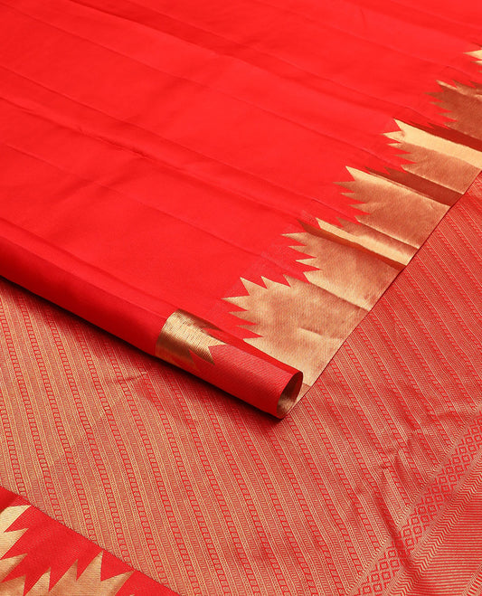 Dazzling red plain Kanchipuram silk saree, Thazampoo rekku golden zari border & pallu steeped with geometric patterns