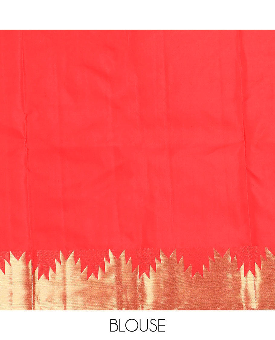 Dazzling red plain Kanchipuram silk saree, Thazampoo rekku golden zari border & pallu steeped with geometric patterns