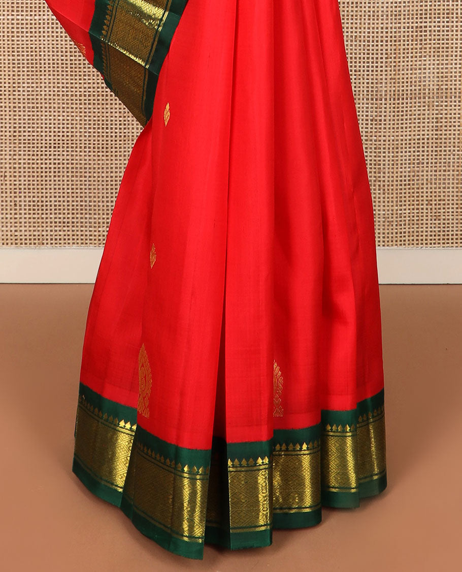 Red zari buttas Kanchipuram silk saree, contrast korvai border of rekku, banaras & jaal & intricately designed pallu