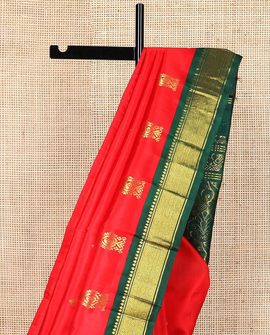 Red zari buttas Kanchipuram silk saree, contrast korvai border of rekku, banaras & jaal & intricately designed pallu