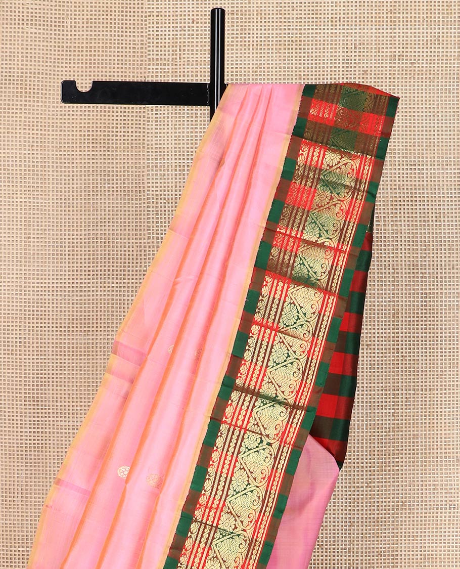Pink zari buttas silk saree, contrast checked korvai one-sided traditional zari border & checked pallu of chakram motifs