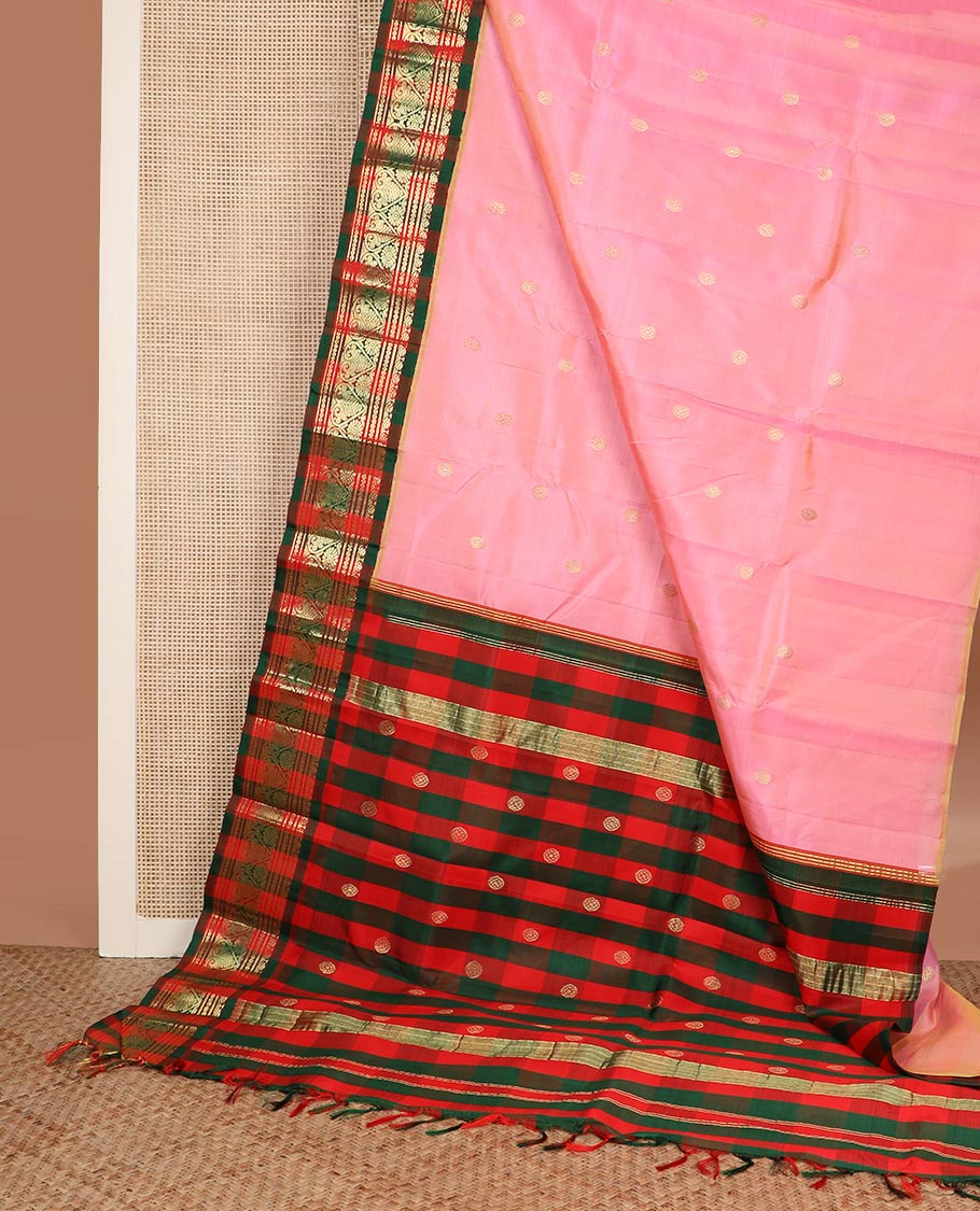 Pink zari buttas silk saree, contrast checked korvai one-sided traditional zari border & checked pallu of chakram motifs