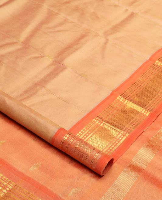 Sandal zari buttas Kanchipuram silk saree, contrast one-sided border of paneer sombu, banaras, and diamond design, and zari design pallu