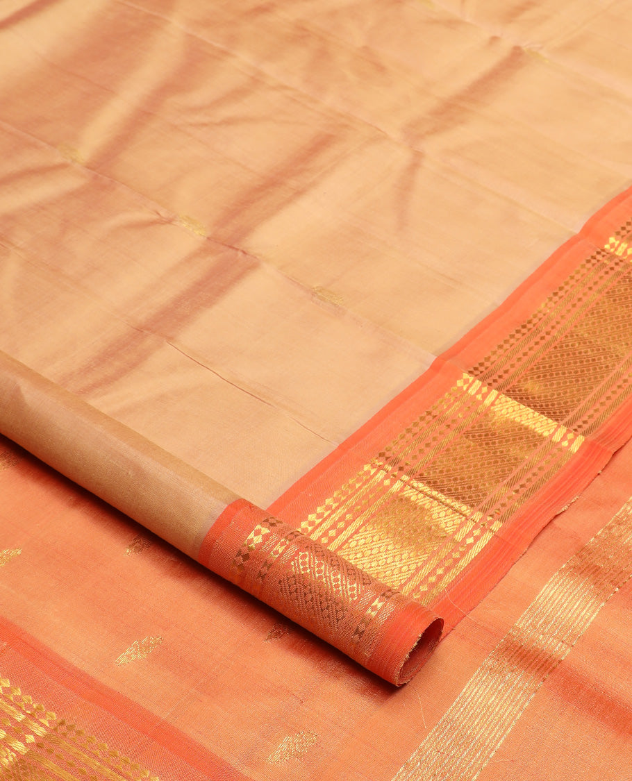 Sandal zari buttas Kanchipuram silk saree, contrast one-sided border of paneer sombu, banaras, and diamond design, and zari design pallu