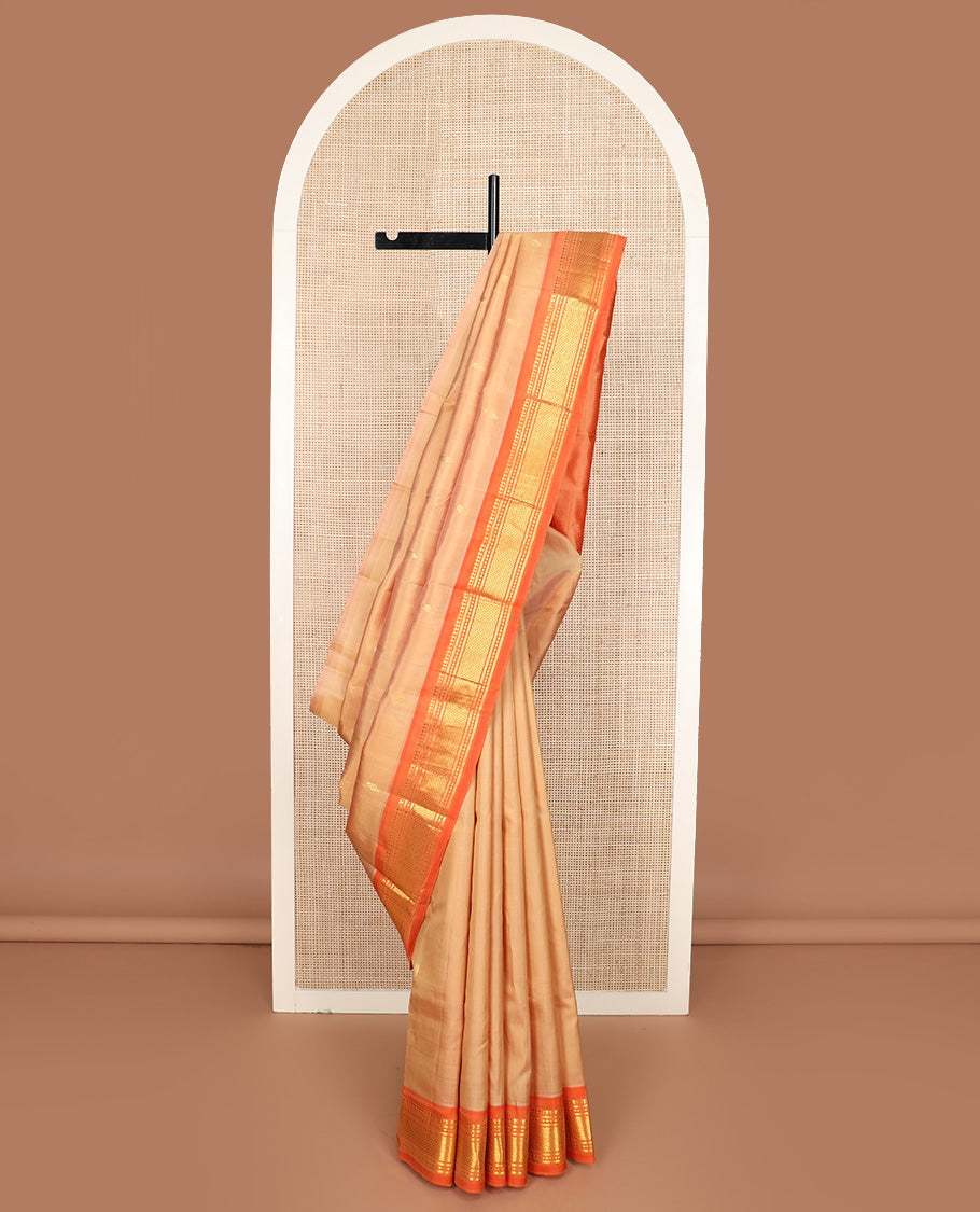 Sandal zari buttas Kanchipuram silk saree, contrast one-sided border of paneer sombu, banaras, and diamond design, and zari design pallu