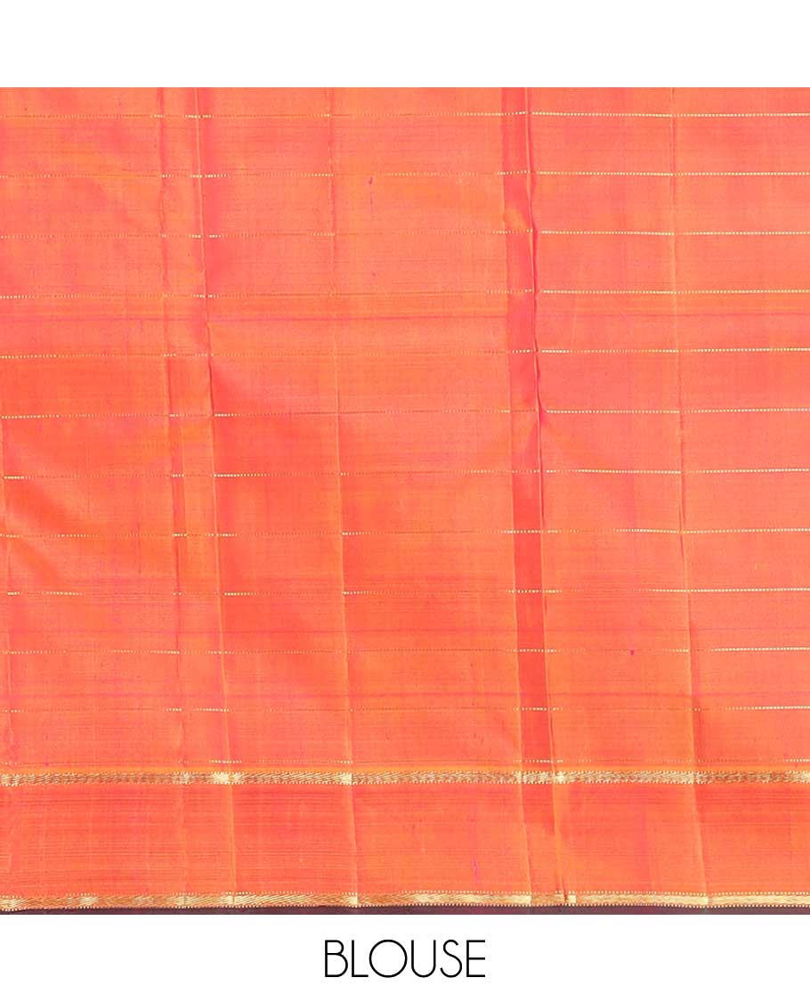 Purple muthu kattam Kanchipuram silk saree, contrast rettai pettu zari border, and pallu steeped with traditional zari designs