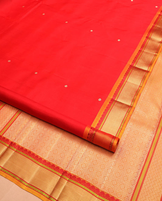 Red rudraksham buttas Kanchipuram silk saree, contrast border of thilakam mokku, neli, and stripes, and jaal pallu