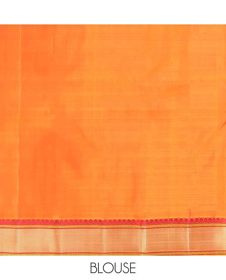 Red rudraksham buttas Kanchipuram silk saree, contrast border of thilakam mokku, neli, and stripes, and jaal pallu