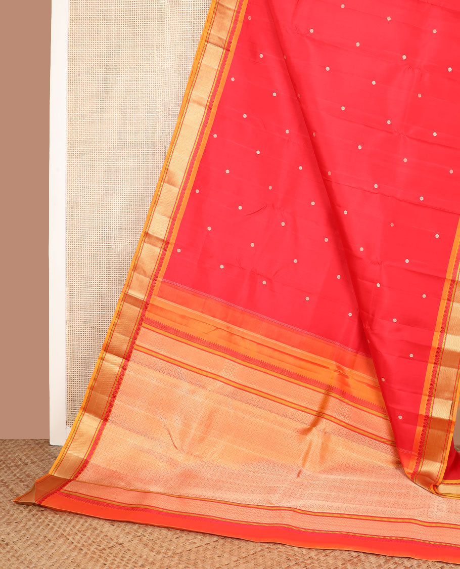 Red rudraksham buttas Kanchipuram silk saree, contrast border of thilakam mokku, neli, and stripes, and jaal pallu