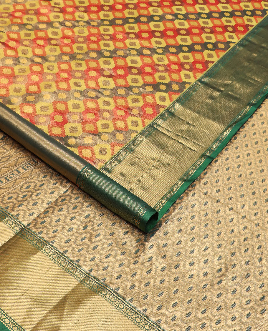 Multi-color ikkat jaal patterned Kanchipuram tissue silk saree, contrast traditional zari border, and pallu of ikkat ogee patterns