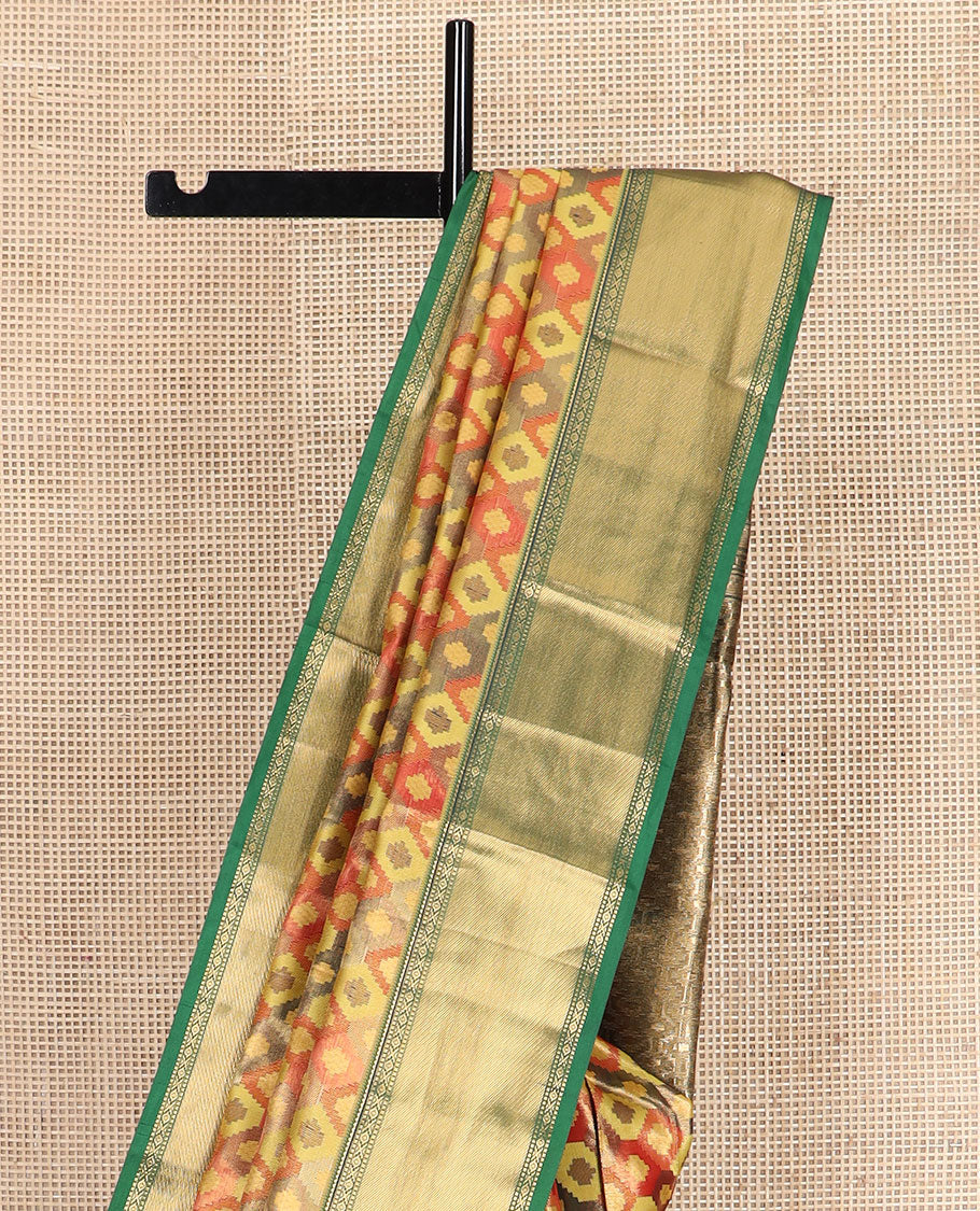 Multi-color ikkat jaal patterned Kanchipuram tissue silk saree, contrast traditional zari border, and pallu of ikkat ogee patterns