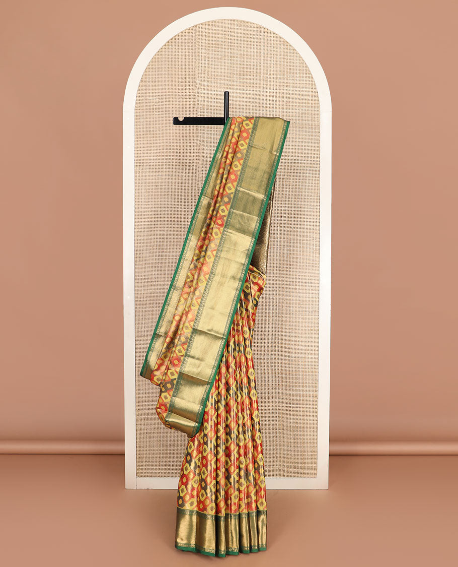 Multi-color ikkat jaal patterned Kanchipuram tissue silk saree, contrast traditional zari border, and pallu of ikkat ogee patterns