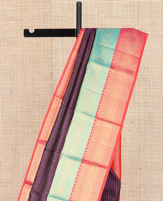 Purple muthu checked Kanchipuram silk saree, contrast korvai border of traditional designs, and jaal pallu